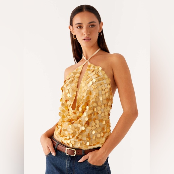 Peppermayo Tops - NWT Peppermayo Women’s Xander Sequin Halter Top - Gold, Size 6, Festival Fashion